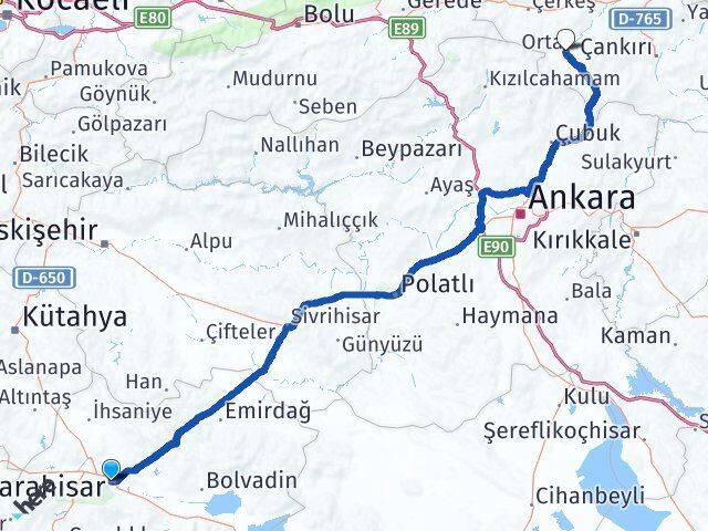 Afyonkarahisar Orta Çankırı Arası Kaç Km - Yol Haritası
