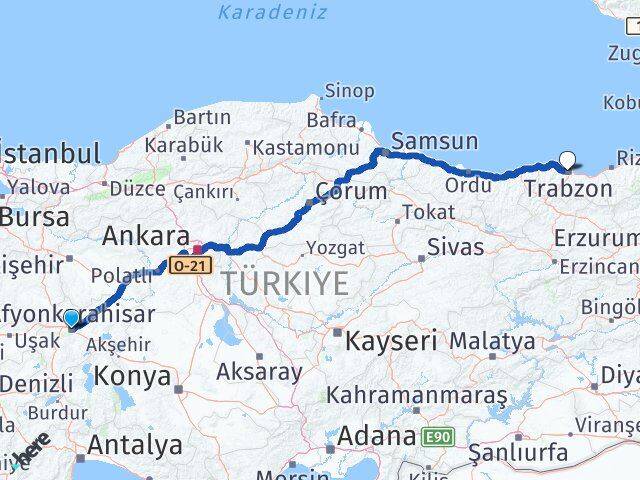 Afyonkarahisar Ortahisar Trabzon Arası Kaç Km - Yol Haritası