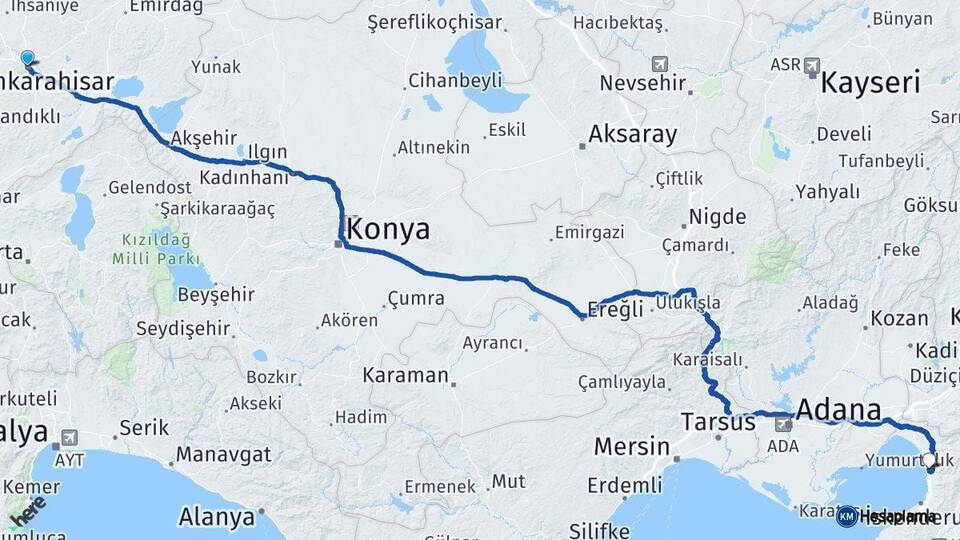 Afyonkarahisar Payas Hatay Arası Kaç Km - Yol Haritası