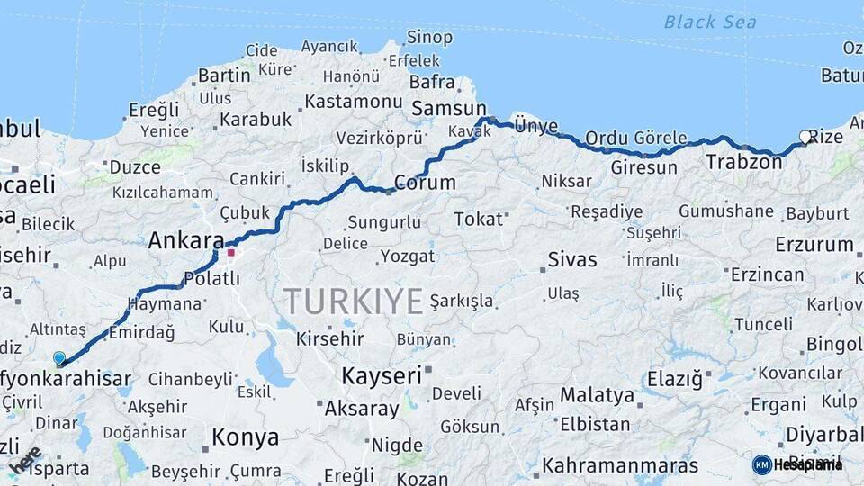 Afyonkarahisar Rize Arası Kaç Km - Yol Haritası