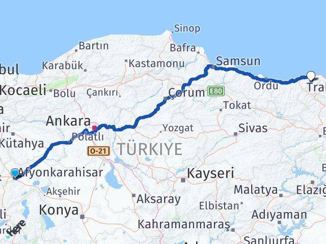 Afyonkarahisar Şalpazarı Trabzon Arası Kaç Km - Yol Haritası