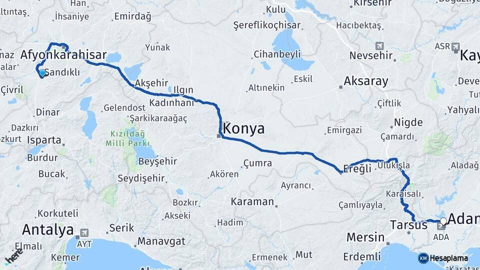 Afyonkarahisar Sandıklı Adana Arası Kaç Km - Yol Haritası