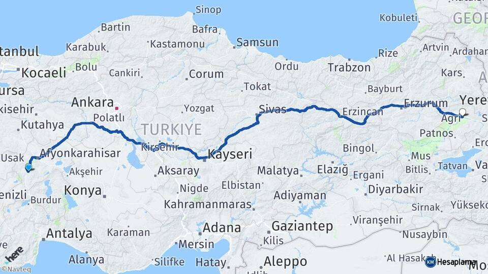 Afyonkarahisar Sandıklı Ağrı Arası Kaç Km - Yol Haritası