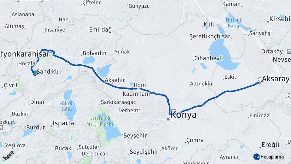 Afyonkarahisar Sandıklı Aksaray Arası Kaç Km - Yol Haritası