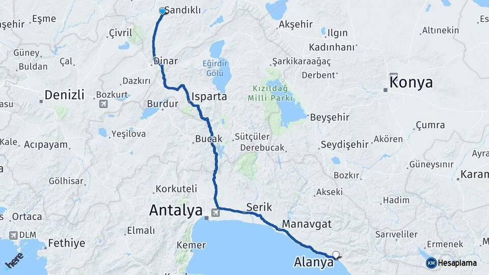 Afyonkarahisar Sandıklı Alanya Antalya Arası Kaç Km - Yol Haritası