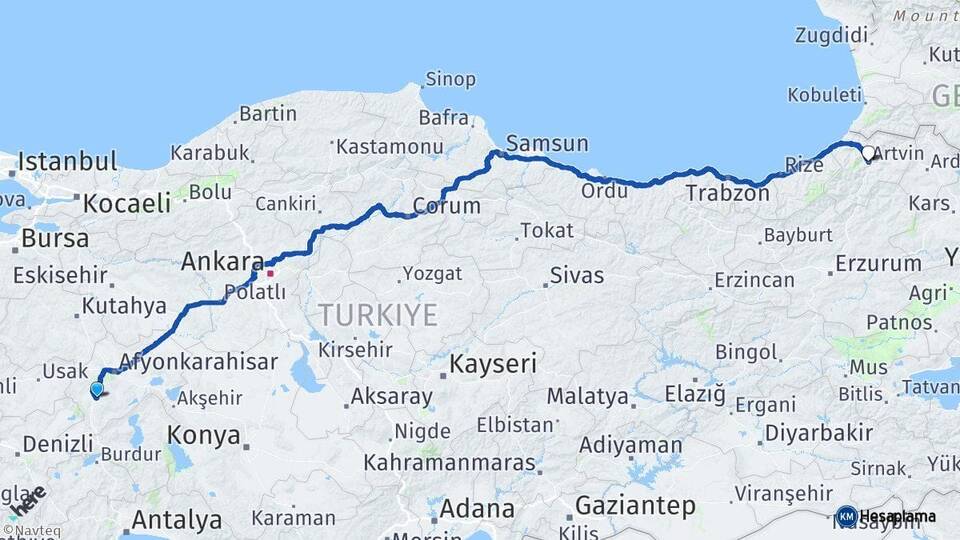 Afyonkarahisar Sandıklı Artvin Arası Kaç Km - Yol Haritası