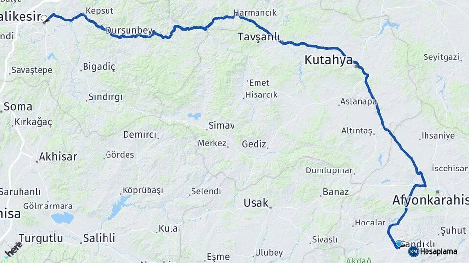 Afyonkarahisar Sandıklı Balıkesir Arası Kaç Km - Yol Haritası