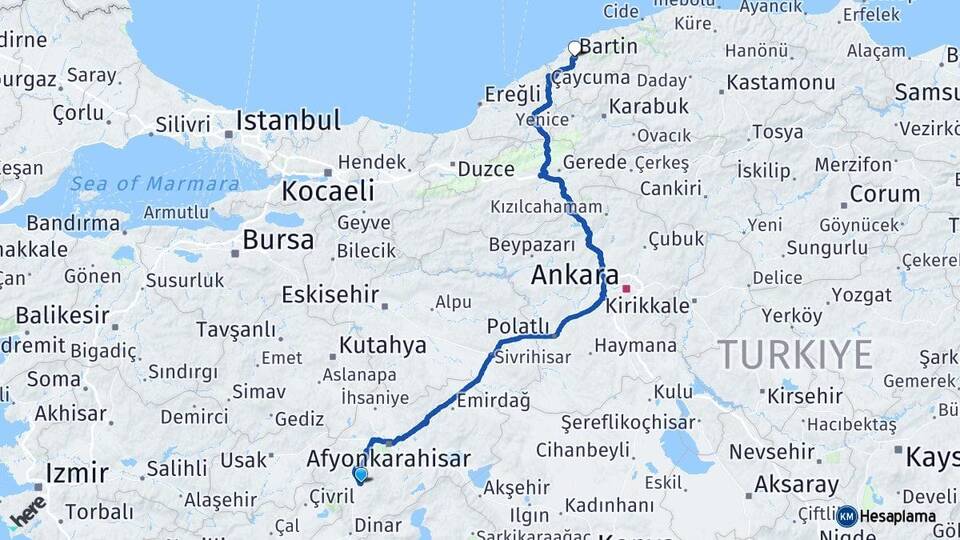 Afyonkarahisar Sandıklı Bartın Arası Kaç Km - Yol Haritası