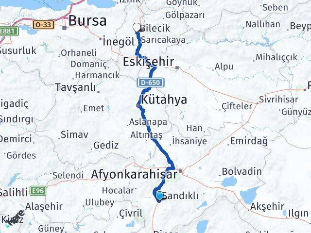 Afyonkarahisar Sandıklı Bilecik Arası Kaç Km - Yol Haritası
