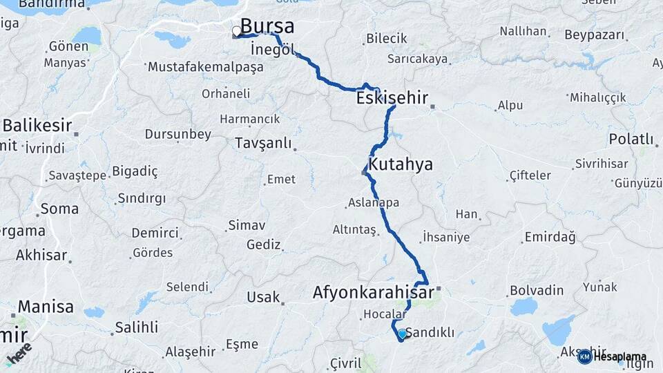 Afyonkarahisar Sandıklı Bursa Arası Kaç Km - Yol Haritası