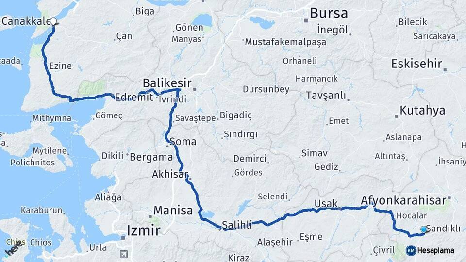 Afyonkarahisar Sandıklı Çanakkale Arası Kaç Km - Yol Haritası