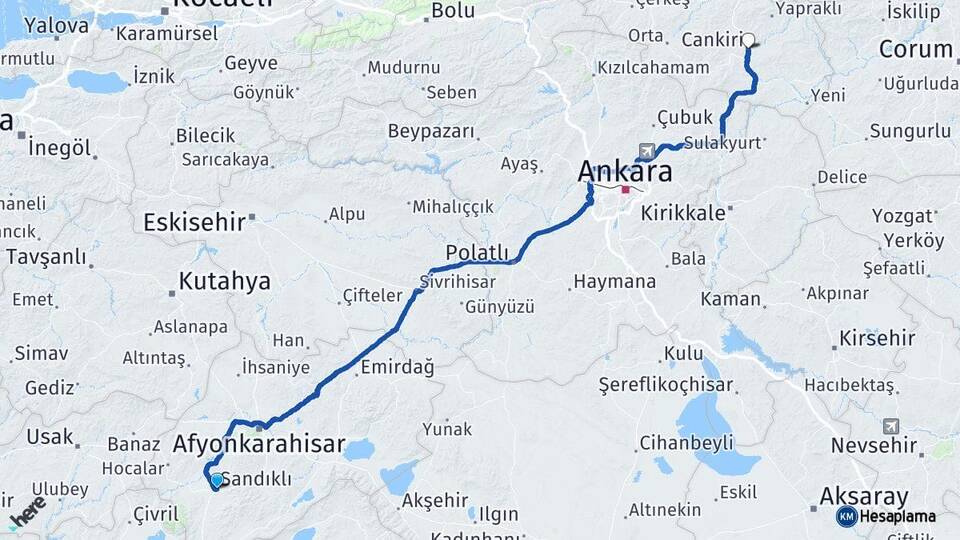Afyonkarahisar Sandıklı Çankırı Arası Kaç Km - Yol Haritası