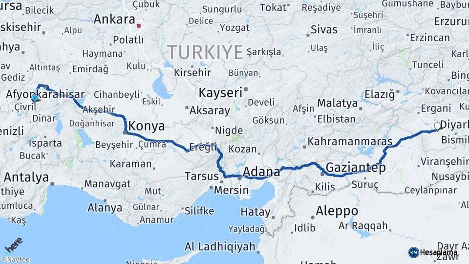 Afyonkarahisar Sandıklı Diyarbakır Arası Kaç Km - Yol Haritası