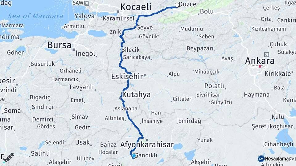 Afyonkarahisar Sandıklı Düzce Arası Kaç Km - Yol Haritası