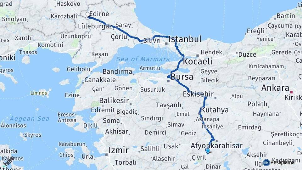 Afyonkarahisar Sandıklı Edirne Arası Kaç Km - Yol Haritası