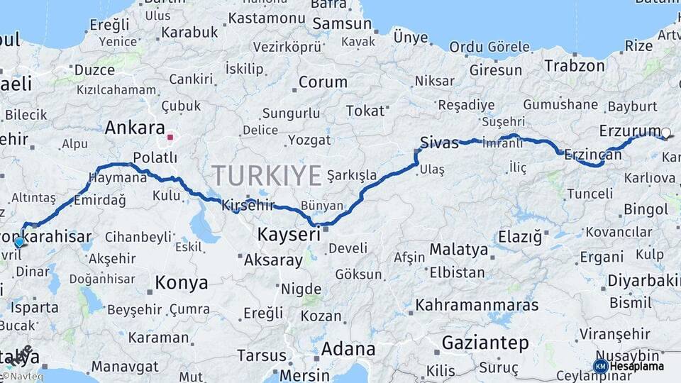 Afyonkarahisar Sandıklı Erzurum Arası Kaç Km - Yol Haritası