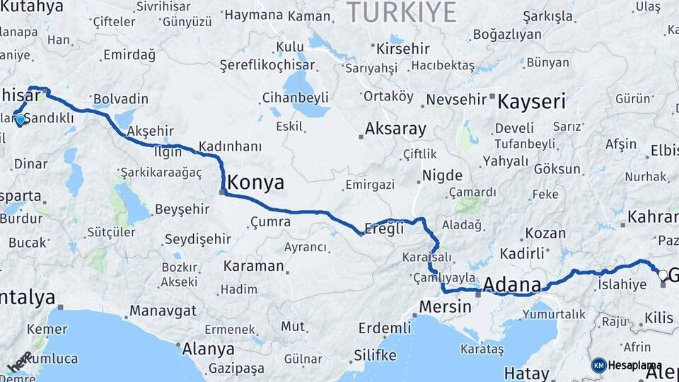 Afyonkarahisar Sandıklı Gaziantep Arası Kaç Km - Yol Haritası