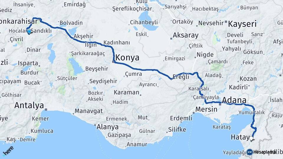 Afyonkarahisar Sandıklı Hatay Arası Kaç Km - Yol Haritası