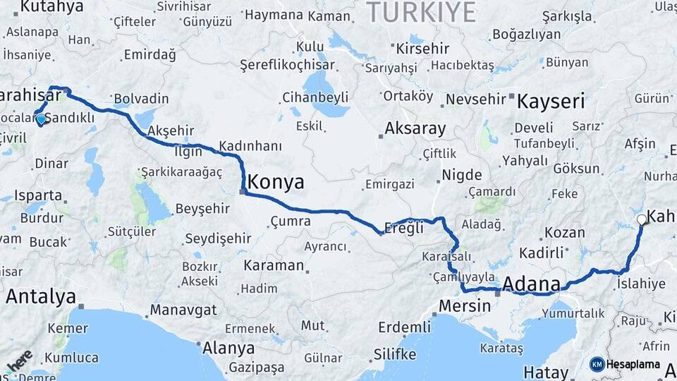 Afyonkarahisar Sandıklı Kahramanmaraş Arası Kaç Km - Yol Haritası