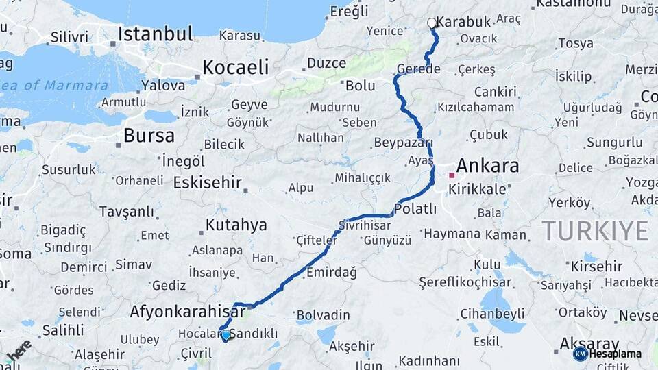 Afyonkarahisar Sandıklı Karabük Arası Kaç Km - Yol Haritası