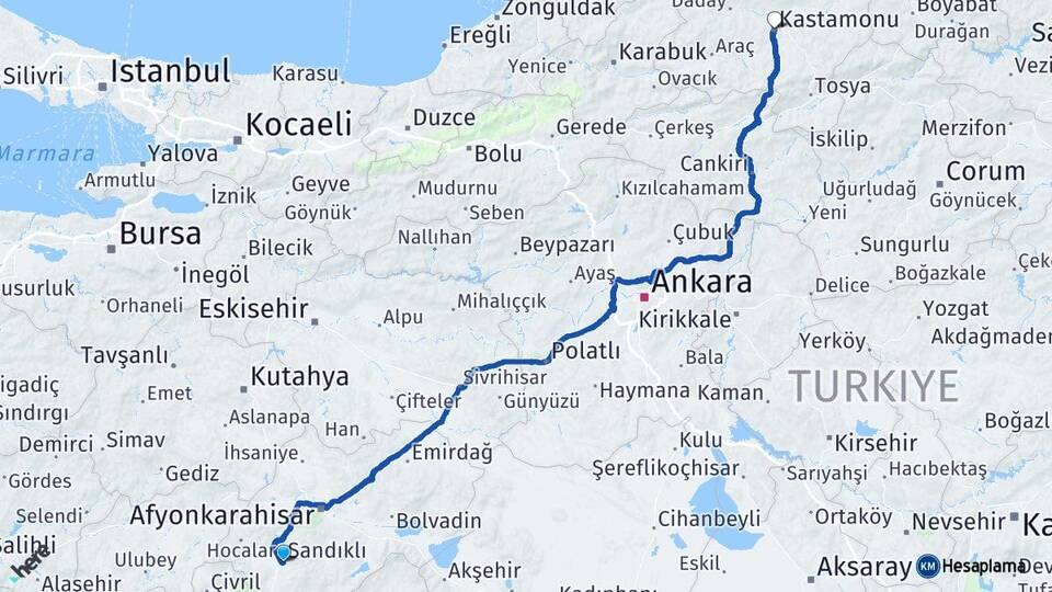 Afyonkarahisar Sandıklı Kastamonu Arası Kaç Km - Yol Haritası