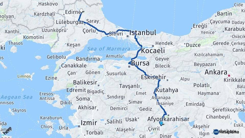 Afyonkarahisar Sandıklı Kırklareli Arası Kaç Km - Yol Haritası
