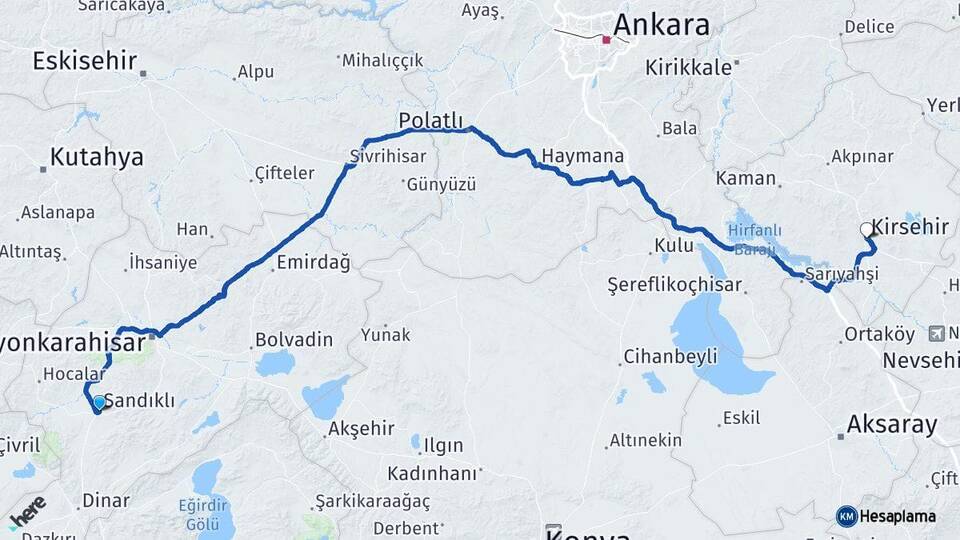 Afyonkarahisar Sandıklı Kırşehir Arası Kaç Km - Yol Haritası