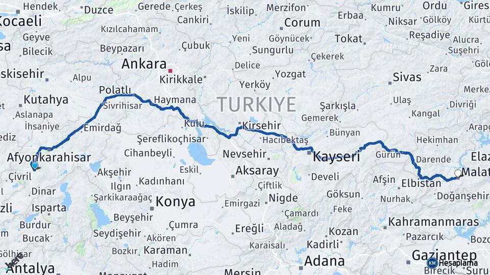 Afyonkarahisar Sandıklı Malatya Arası Kaç Km - Yol Haritası