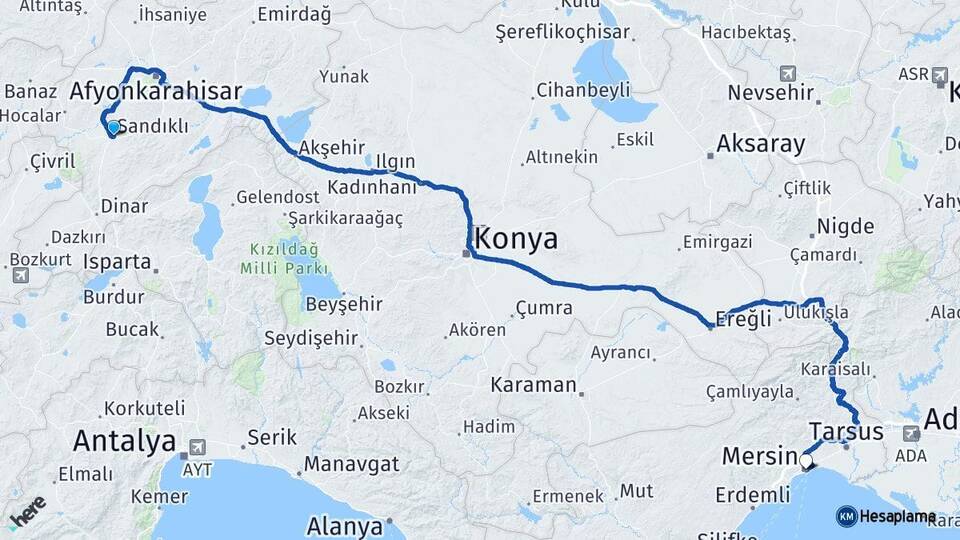 Afyonkarahisar Sandıklı Mersin Arası Kaç Km - Yol Haritası