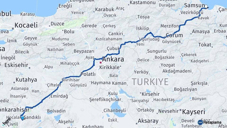 Afyonkarahisar Sandıklı Samsun Arası Kaç Km - Yol Haritası