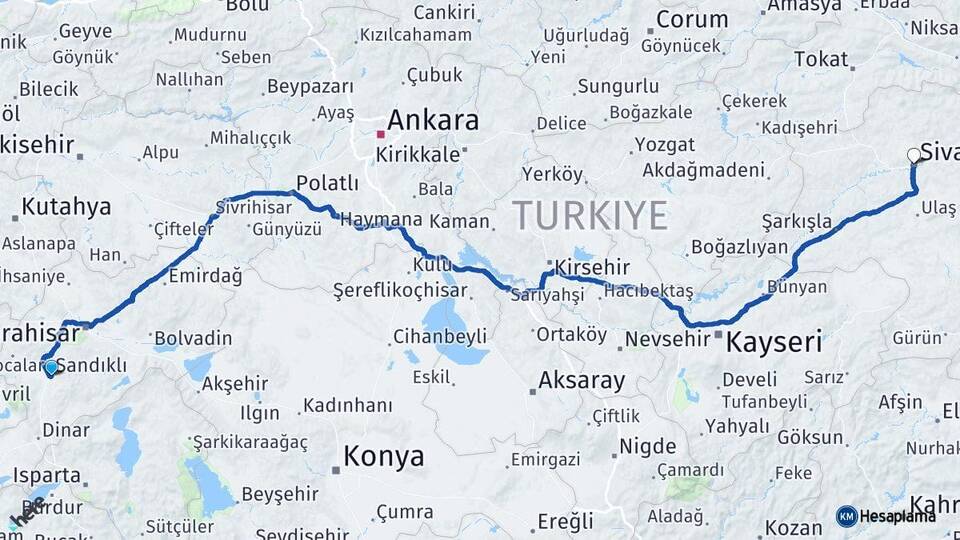 Afyonkarahisar Sandıklı Sivas Arası Kaç Km - Yol Haritası