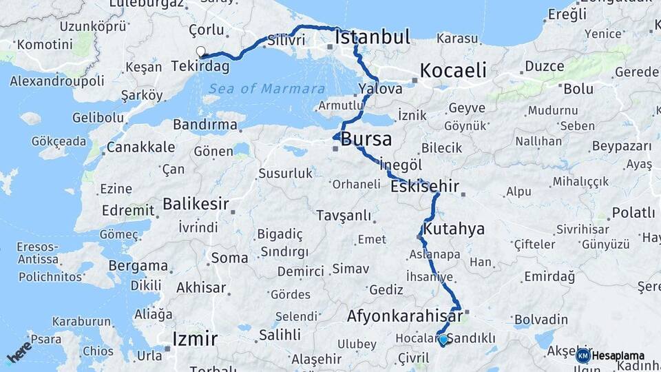 Afyonkarahisar Sandıklı Tekirdağ Arası Kaç Km - Yol Haritası