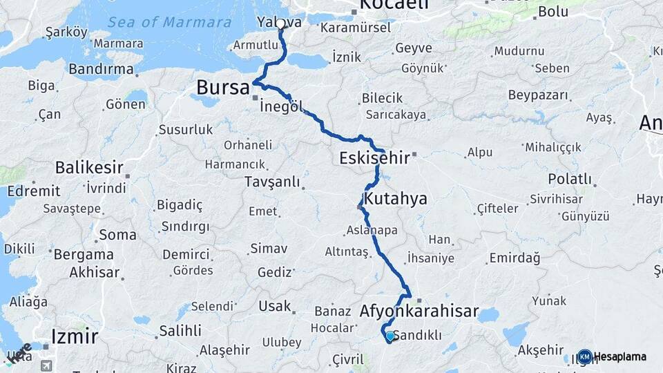 Afyonkarahisar Sandıklı Yalova Arası Kaç Km - Yol Haritası