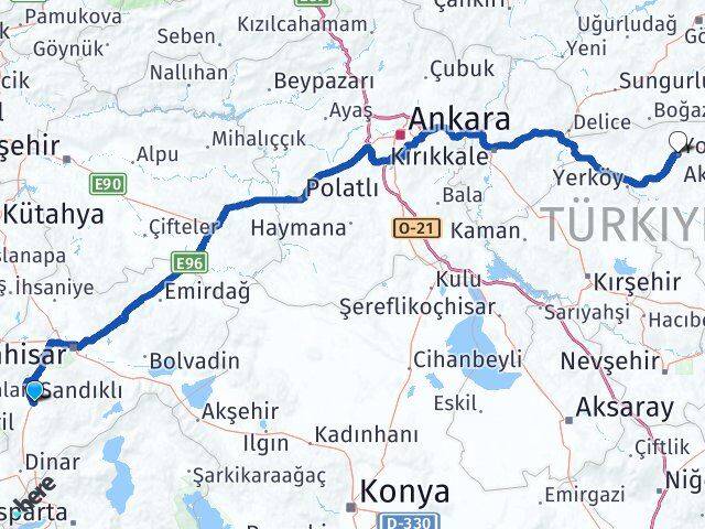 Afyonkarahisar Sandıklı Yozgat Arası Kaç Km - Yol Haritası