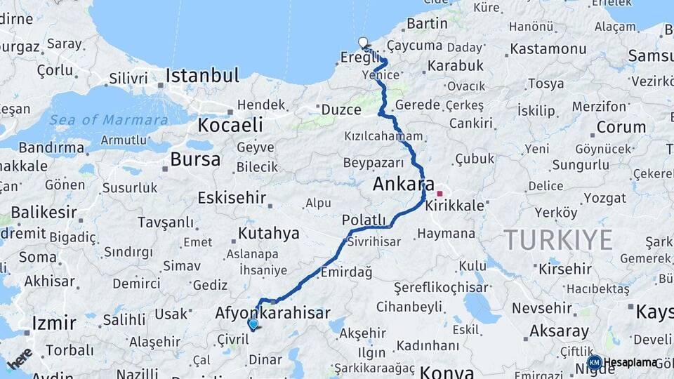 Afyonkarahisar Sandıklı Zonguldak Arası Kaç Km - Yol Haritası