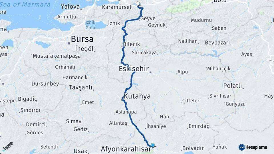 Afyonkarahisar Sapanca Sakarya Arası Kaç Km - Yol Haritası
