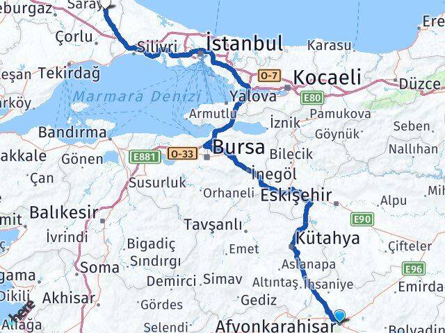 Afyonkarahisar Saray Tekirdağ Arası Kaç Km - Yol Haritası
