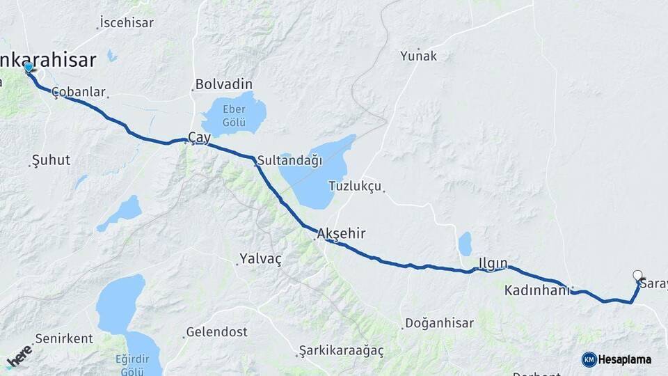 Afyonkarahisar Sarayönü Konya Arası Kaç Km - Yol Haritası