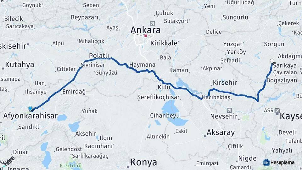 Afyonkarahisar Sarıkaya Yozgat Arası Kaç Km - Yol Haritası