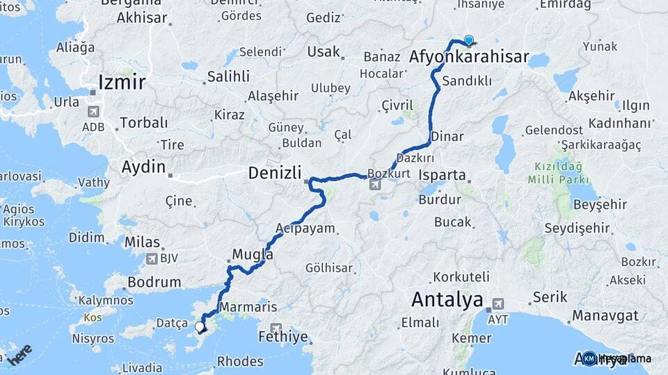 Afyonkarahisar Selimiye Marmaris Muğla Arası Kaç Km - Yol Haritası