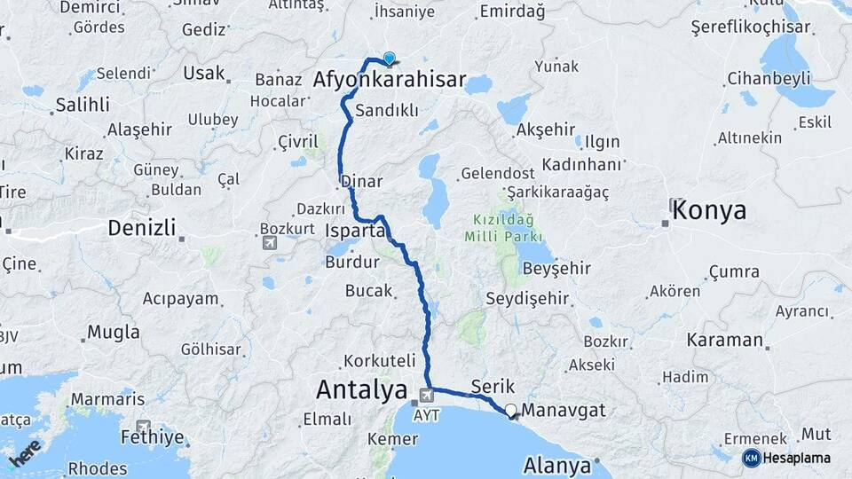 Afyonkarahisar Side Manavgat Antalya Arası Kaç Km - Yol Haritası
