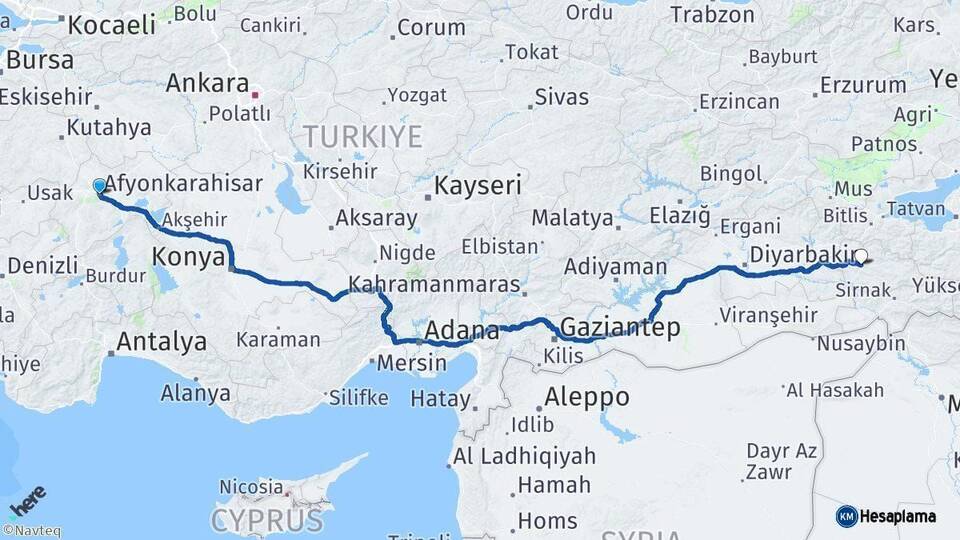 Afyonkarahisar Siirt Arası Kaç Km - Yol Haritası