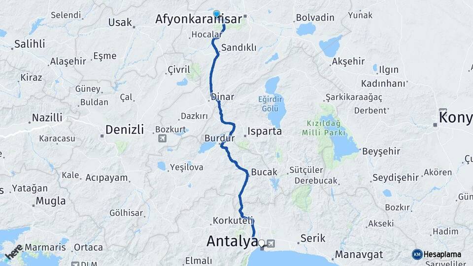 Afyonkarahisar Sinanpaşa Antalya Arası Kaç Km - Yol Haritası