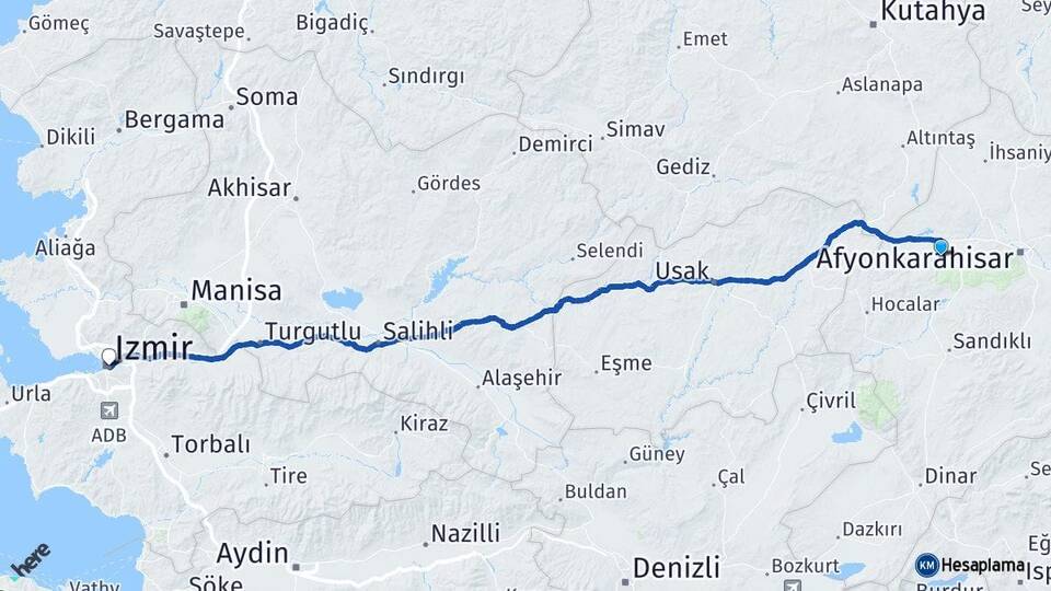Afyonkarahisar Sinanpaşa İzmir Arası Kaç Km - Yol Haritası
