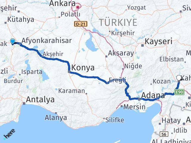 Afyonkarahisar Sinanpaşa Kahramanmaraş Arası Kaç Km - Yol Haritası