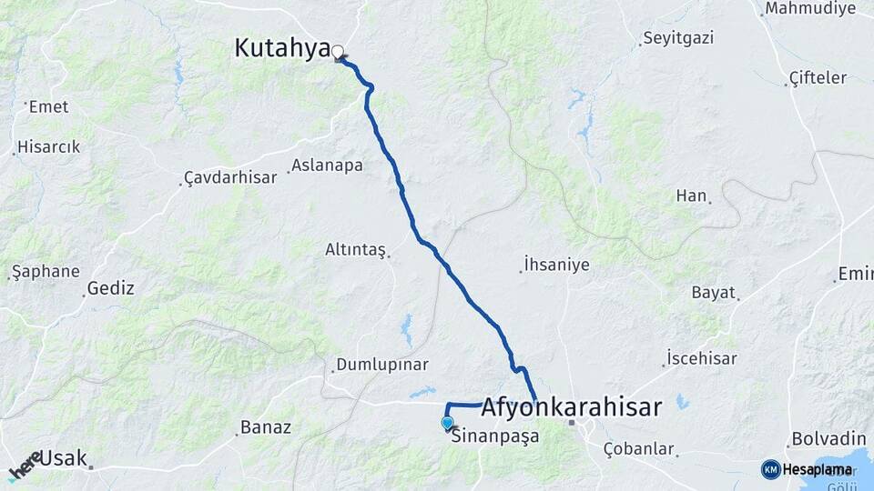 Afyonkarahisar Sinanpaşa Kütahya Arası Kaç Km - Yol Haritası