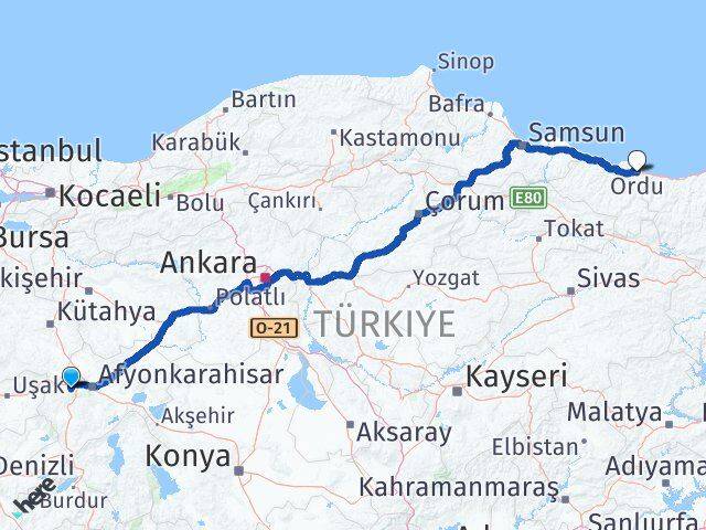 Afyonkarahisar Sinanpaşa Ordu Arası Kaç Km - Yol Haritası