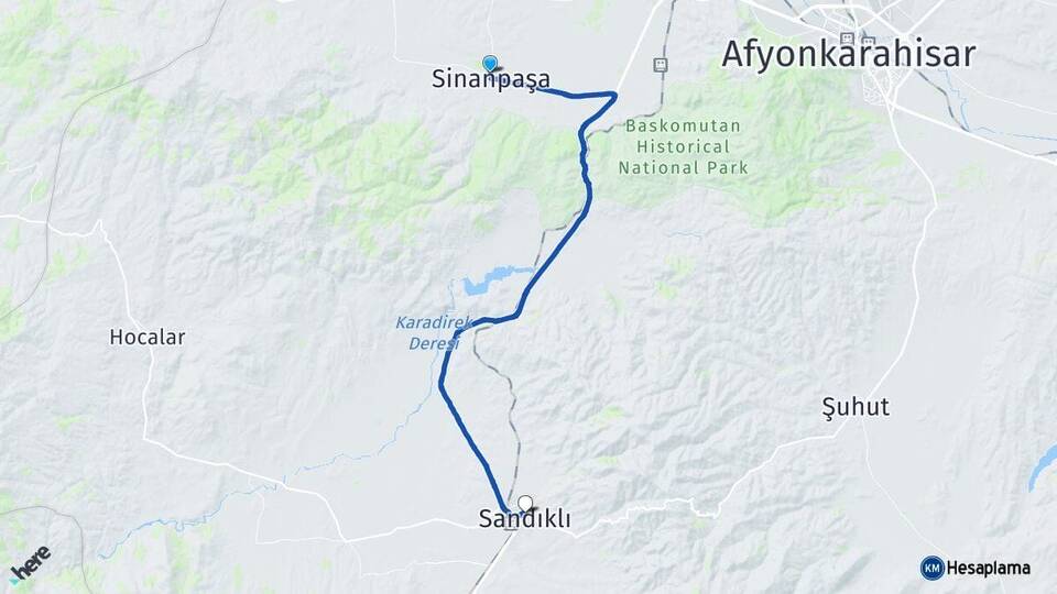 Afyonkarahisar Sinanpaşa Sandıklı Arası Kaç Km - Yol Haritası