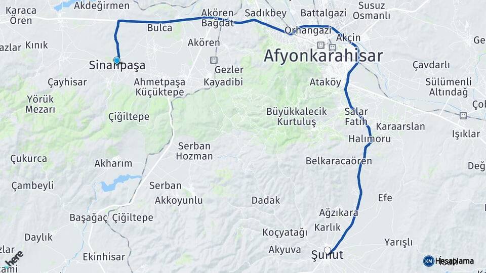Afyonkarahisar Sinanpaşa Şuhut Arası Kaç Km - Yol Haritası