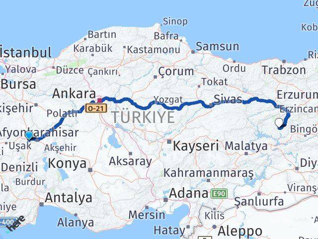 Afyonkarahisar Sinanpaşa Tunceli Arası Kaç Km - Yol Haritası